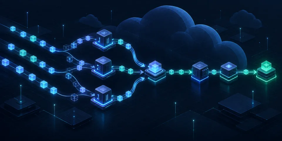 Distributed event packets converging through a cloud processing graph into one reliable stream