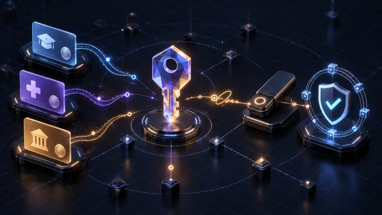 Digital credentials connecting through a cryptographic key to verification